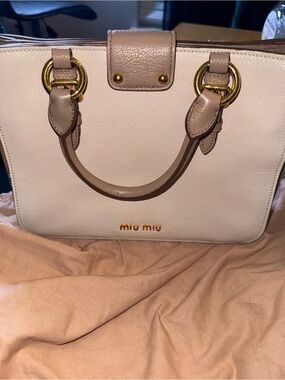 Miu Miu Madras Cream & Taupe Leather Tote Bag